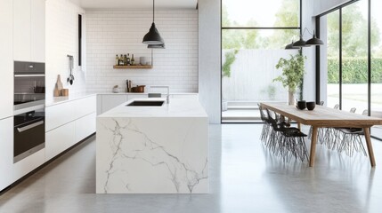 A large kitchen with a white island and a long dining table