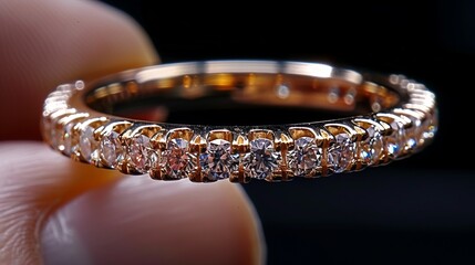 A person holds a shimmering diamond-studded gold ring, showcasing its intricate design and brilliance against a dark background