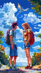 Fototapeta premium Painting of a couple facing each other in the forest. State of mind and romance. Pixel-art painting.