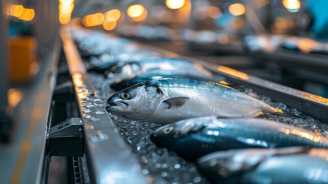 A conveyor belt in a high-tech fish processing plant transports freshly caught fish, demonstrating modern industrial processes for seafood production.