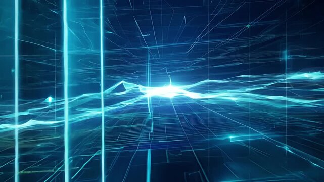 Futuristic HUD screen with glowing blue data lines and grids creating a sense of immersion into a digital world.