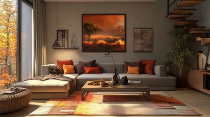 Modern living room in autumn colors, digital art. Ai generation