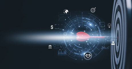 Targeting the business concept, Businessman hand holding red dart to the virtual target dartboard, Executive marketing, investment goal and target for business investment concept,