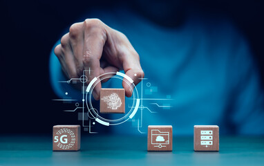 Programmer people working laptops or smartphones with AI, artificial intelligence software engineer coding on laptop computers with technology icons and binary code, big data, Ai bot digital machine