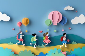 Obraz premium A group of kids soaring through the air with their backpacks, ideal for illustrations and designs related to imagination and adventure