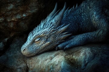 A Close-up of a Sleeping Blue Dragon with Scales