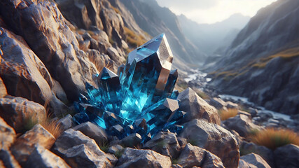 A beautifully created, realistic HD image of a natural topaz crystal embedded in a rocky mountainside.