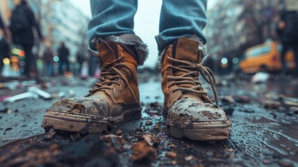The image captures the urban style in a gloomy atmosphere, featuring worn sneakers and faded jeans against the backdrop of a rainy city.