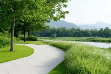 A serene landscape of a nature-inspired rehabilitation facility, designed for wellness and recovery, with copy space for text