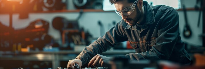 A meticulous mechanic is engaged in hands-on work with automotive parts, ensuring precision and care in a well-organized workshop.