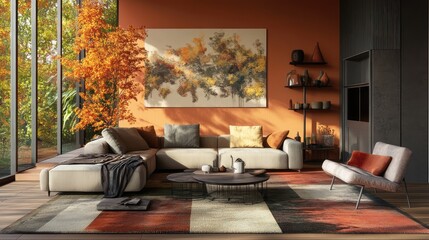 Modern living room in autumn colors, digital art. Ai generation