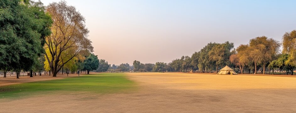 An army tent nestled in the serene landscape of an Indian military base in Delhi during twilight