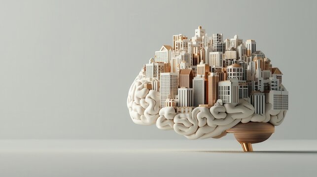 Human brain as a city, complex analysis metaphor, 3D illustration