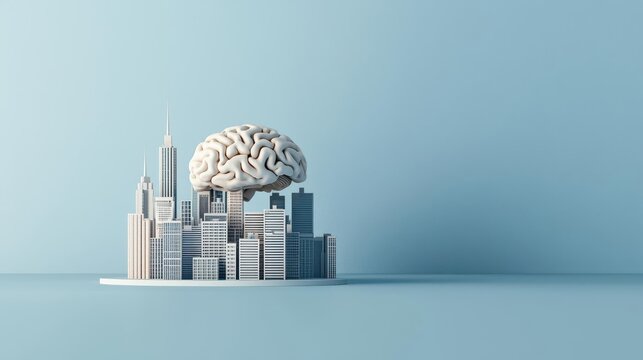 Human brain as a city, complex analysis metaphor, 3D illustration