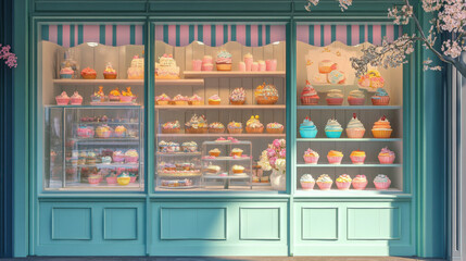 A cupcake shop with a large window display featuring beautifully decorated cupcakes