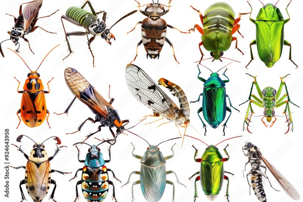 Poster a collection of various colorful beetles and other small insects gathered together on a clean white 