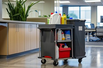 Professional janitorial cart with cleaning supplies in a corporate office environment