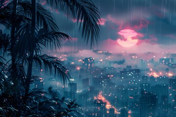 Peaceful morning landscape with rain and foggy atmosphere calm