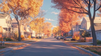 Fototapeta premium A street lined with suburban cottages in an autumn. The generation of AI