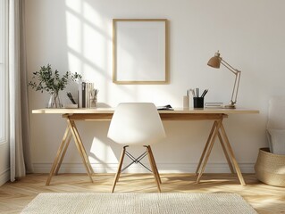 A white desk with a chair and a picture frame on it