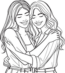 Minimalist Line Art: Two Hugging Female Friends Embracing Love and Friendship | Clean Vector Illustration