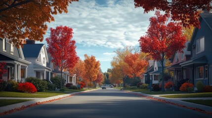 A street lined with suburban cottages in an autumn. The generation of AI