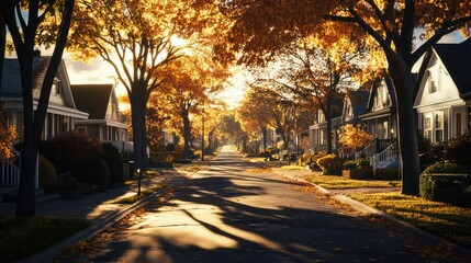 Fototapeta premium A street lined with suburban cottages in an autumn. The generation of AI