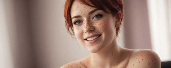 Portrait of a young red-haired woman with a bright smile in a minimalist style.