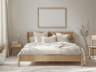 A bedroom with a wooden bed, white pillows, and a white blanket