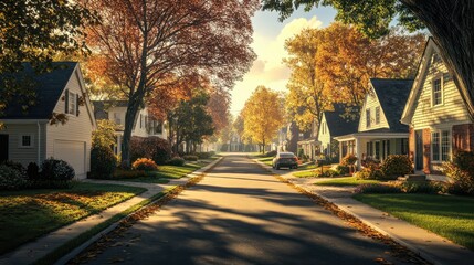 Naklejka premium A street lined with suburban cottages in an autumn. The generation of AI