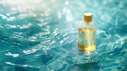A transparent cosmetic bottle with a golden product inside for the face lies on a blue water surface