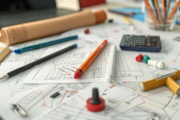 A desk with various office supplies including calculators, pens, and pencils