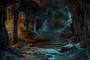 Stone Stairway Leading Into a Mysterious Cave
