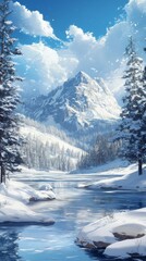 Fototapeta premium Enchanted Yellowstone Winter Wonderland: A 4K Fantasy Animation Style Wallpaper with Wildlife and Snowy Landscapes, storybook illustrations, comic strips, book illustrations and picture books,Abstract