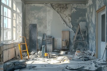 3d render of apartment repair concept with tools and materials in a ruined room setting