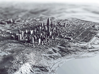 Technical aerial visual, 3D LiDAR GIS aerial map satellite scan model isolated, showing Cleveland, USA. Elevation, topography, render