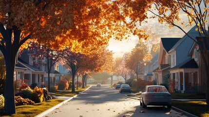Obraz premium A street lined with suburban cottages in an autumn. The generation of AI