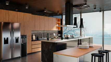 3D render of a contemporary kitchen with natural wood and marble materials.Huge middle island with a durable porcelain countertop allows for ample meal prep and gathering space.
