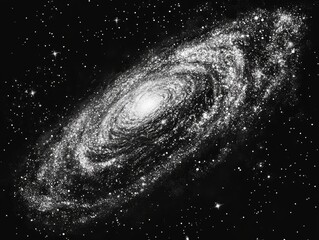 Photography shot, Deep space scene background in stippling style with amazing spiral galaxy and glowing stars cluster in universe. Retro styled dotwork. Pointillism. Noisy grainy shading using dots.
