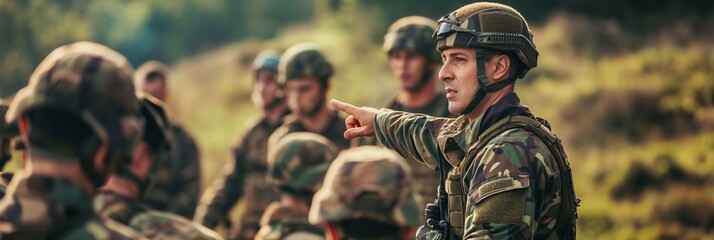 A military officer in full gear pointing towards a location while briefing soldiers during a tactical operation in a rural area.