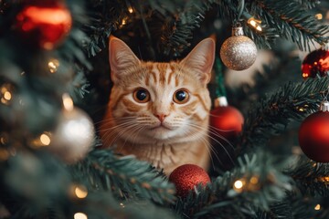 Obraz premium Close-up of a cat sitting in a decorated Christmas tree 