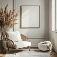 A white chair is in a room with a white wall and a white rug