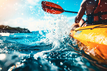 Kayaking Adventure: A close-up view of a kayaker paddling through turquoise waters, leaving a trail of foamy wake behind. The bright yellow kayak and orange paddle contrast against the deep blue ocean