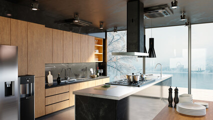 3D render of modern contemporary kitchen with natural wood elements