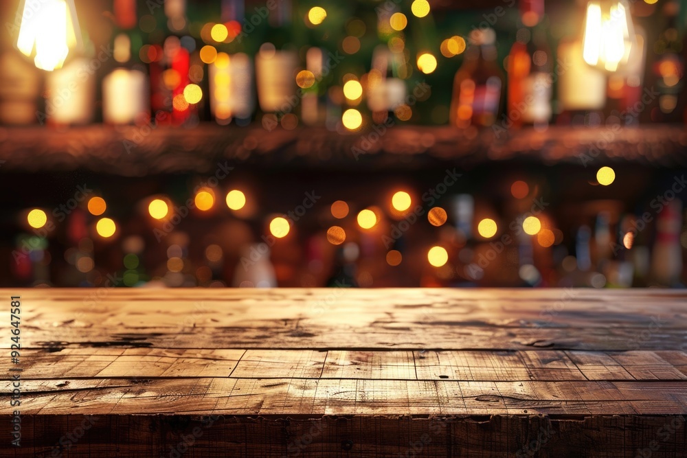 Poster a wooden table displaying various bottles of alcohol