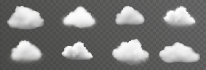 Set of vector clouds, fog or smoke on an isolated transparent background. Cloud, smoke, png.
