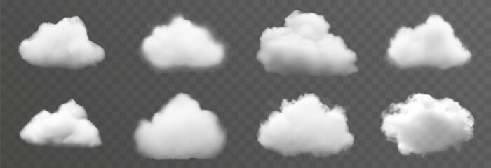 Set of vector clouds or smoke on an isolated transparent background. Cloud, smoke, fog