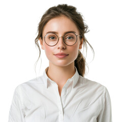 Fototapeta premium Young Professional Woman with Glasses Working on Laptop Isolated on Transparent Background