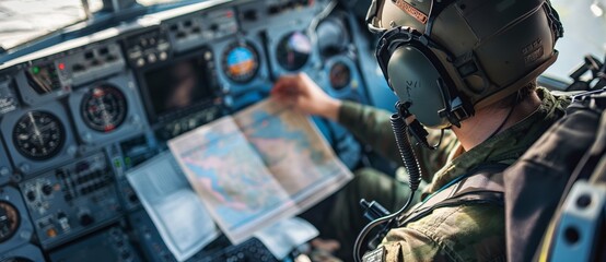 A pilot in military gear, inside a cockpit, attentively examining a large map. The dashboard is filled with varied instrumentation and gadgets.