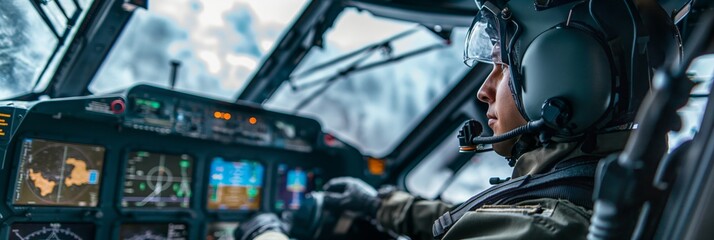 Fototapeta premium A military pilot in full gear sits in the cockpit of a helicopter, operating various controls and instruments during a flight operation over rugged terrain